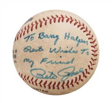 1981 Pete Rose Game Used & Signed ONL Feeney ACTUAL BASEBALL Used on 6/10/1981 To Tie Stan Musial National League Hit Record 3630 (PSA/DNA)